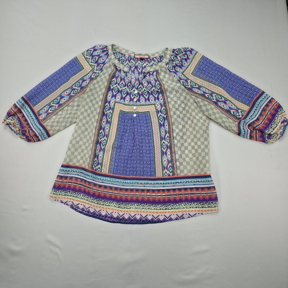 Olive Hill Womens L Boho Peasant Tunic Blouse Geometric Aztec 3/4 Sleeve